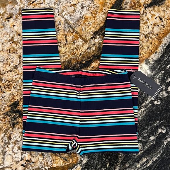 NWT Nautica Girls' Navy, Pink, Teal. White & Yellow Stripe Print Leggings - 4T - Picture 2 of 8